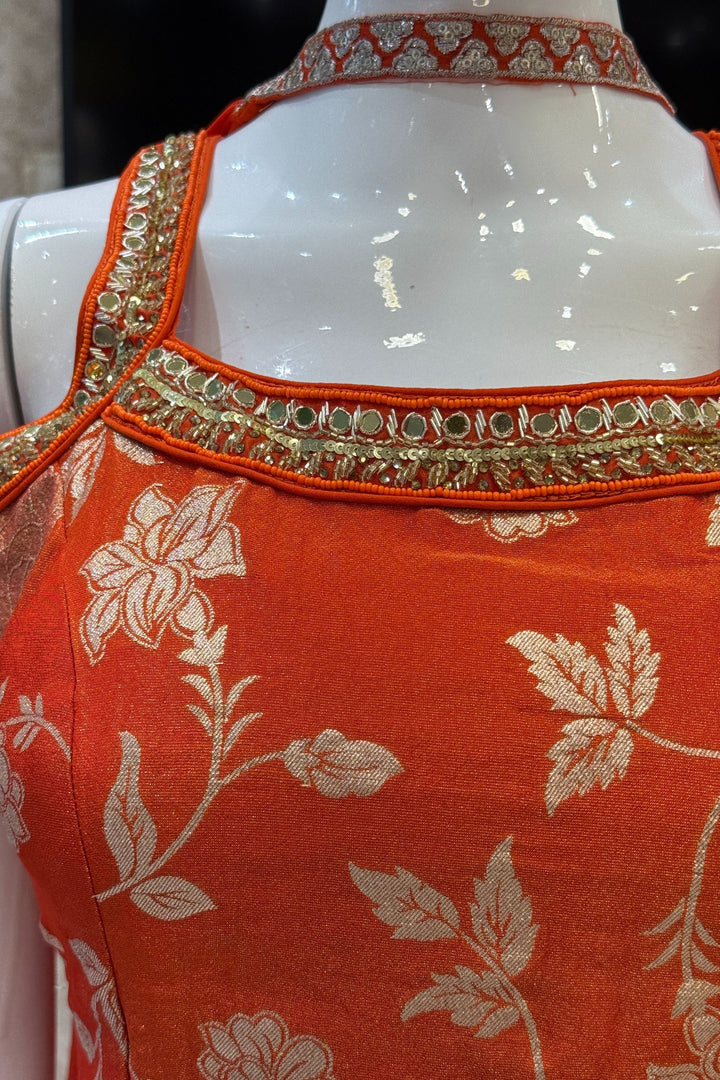 Orange Banaras Zari, Mirror, Zardozi, Sequins, Stone and Beads work Palazzo Salwar Suit