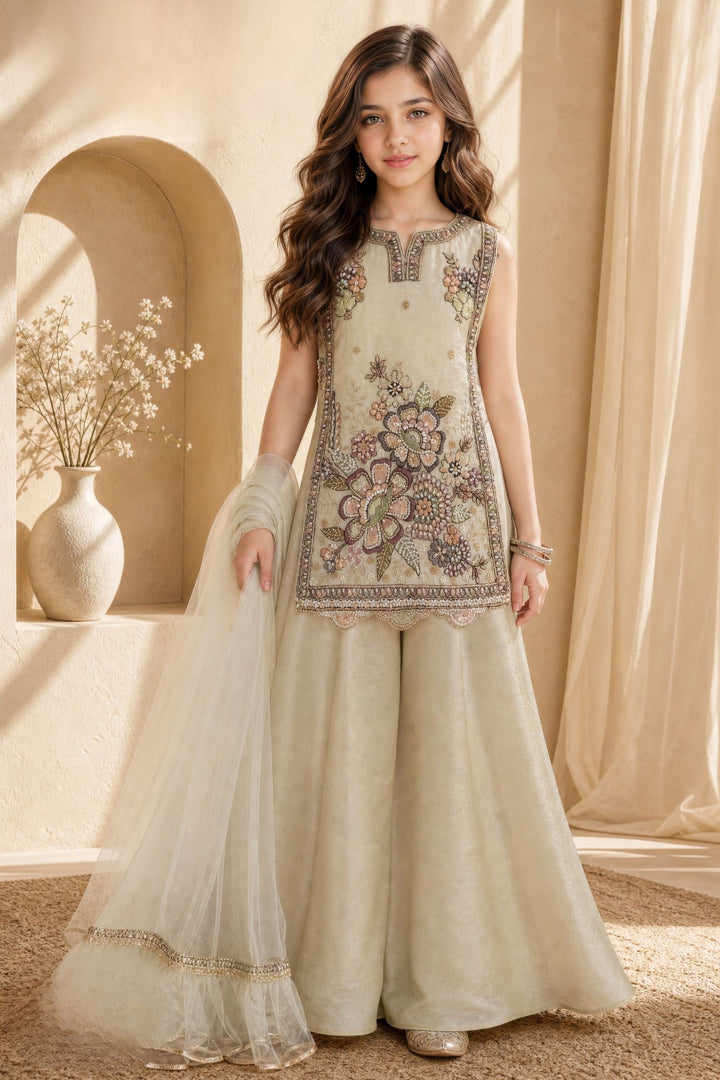 Beige Embroidery, Sequins and Beads work Palazzo Set for Girls