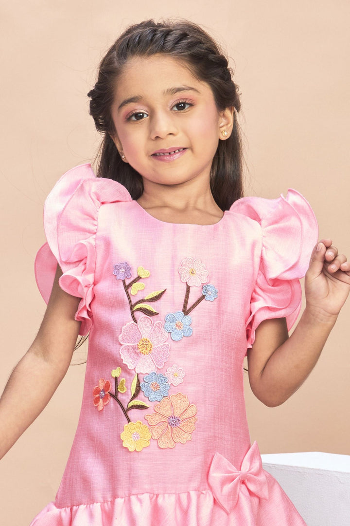 Baby Pink Thread work Short Frock for Girls