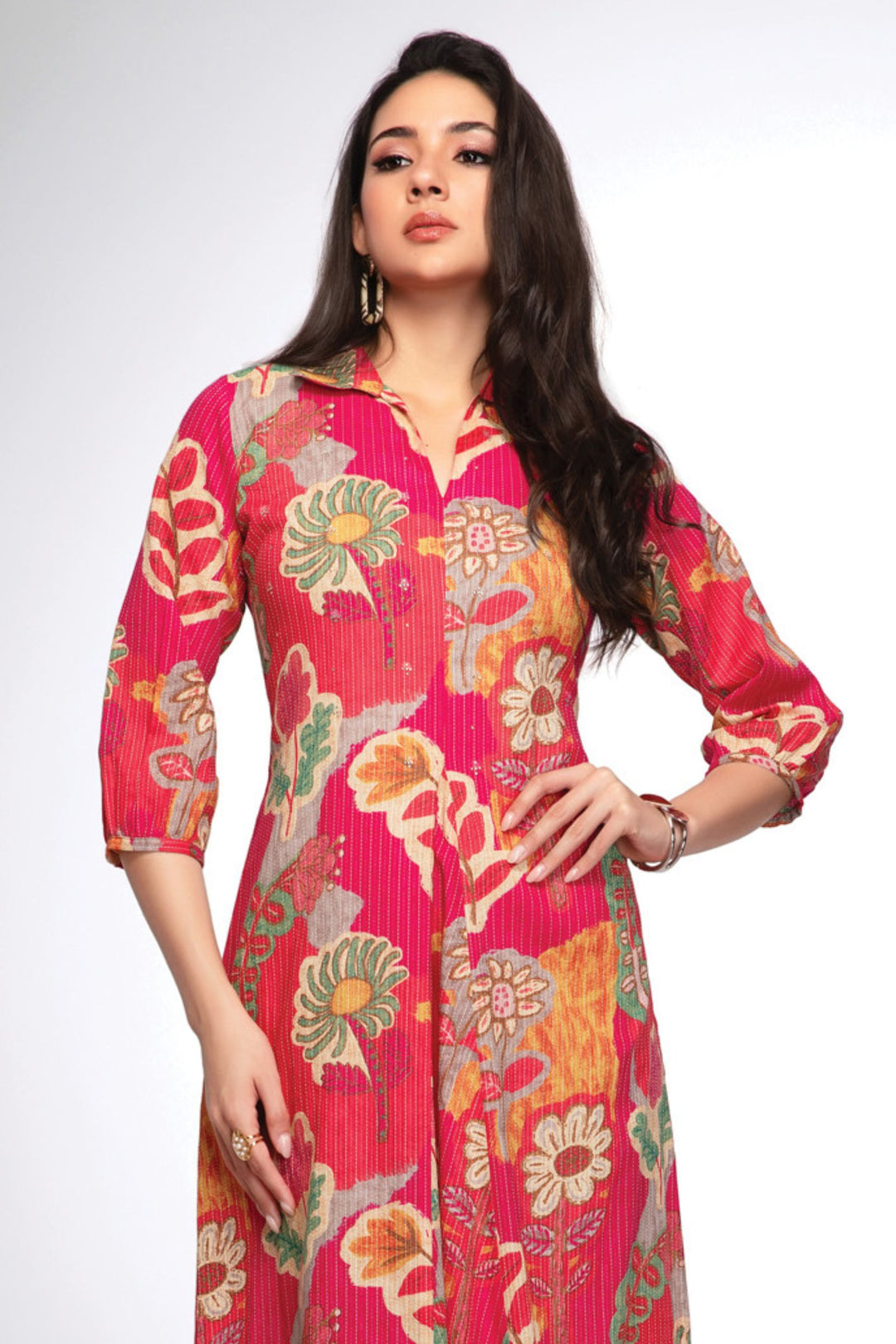 Rani Pink Thread Weaving with Floral Print Anarkali Styled Kurti