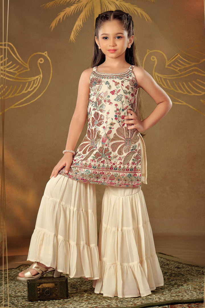 Cream Sequins, Stone, Beads and Multicolor Embroidery work Sharara Suit Set for Girls