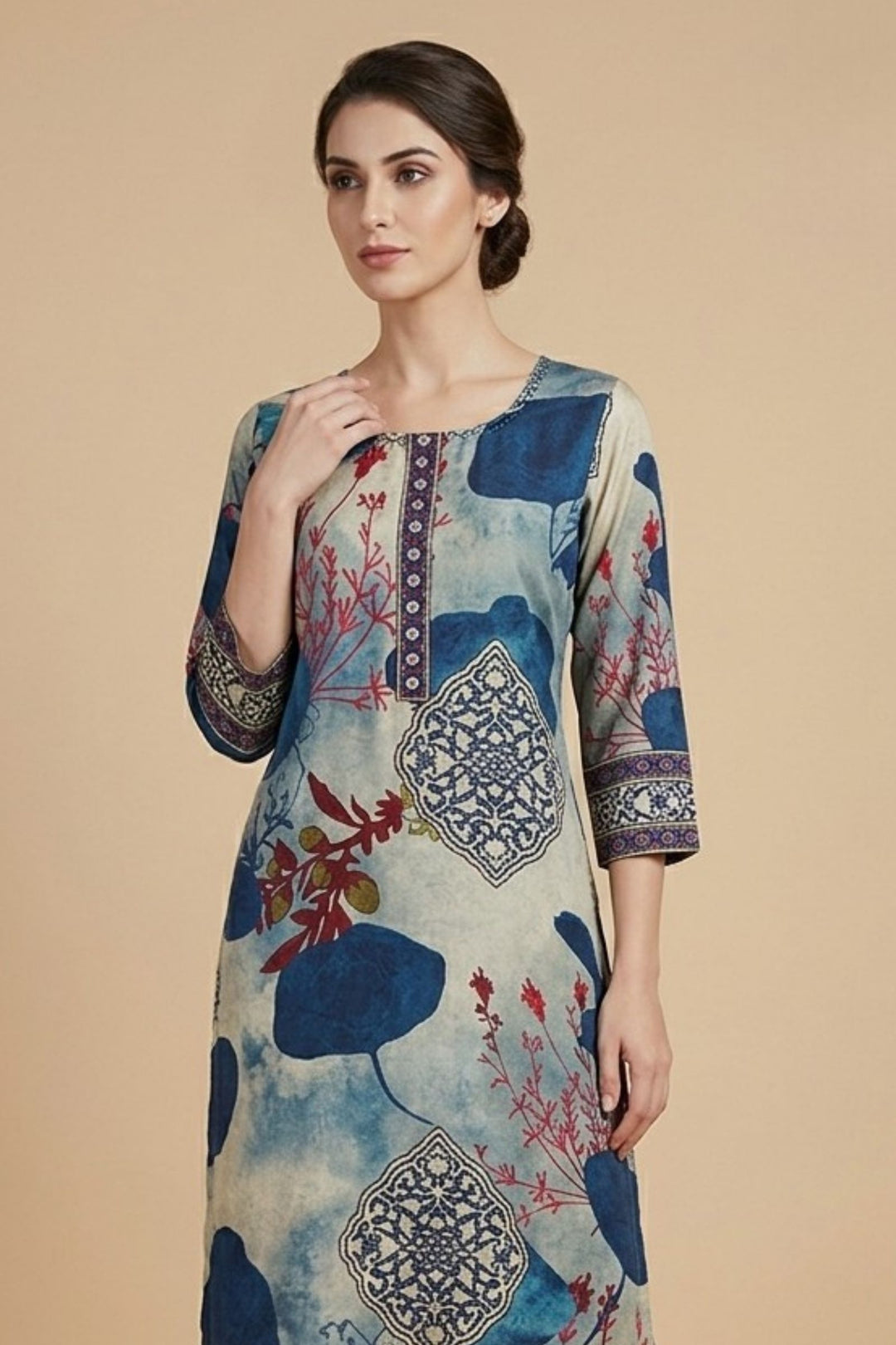 Beige Beads work with Digital Print Calf Length Kurti