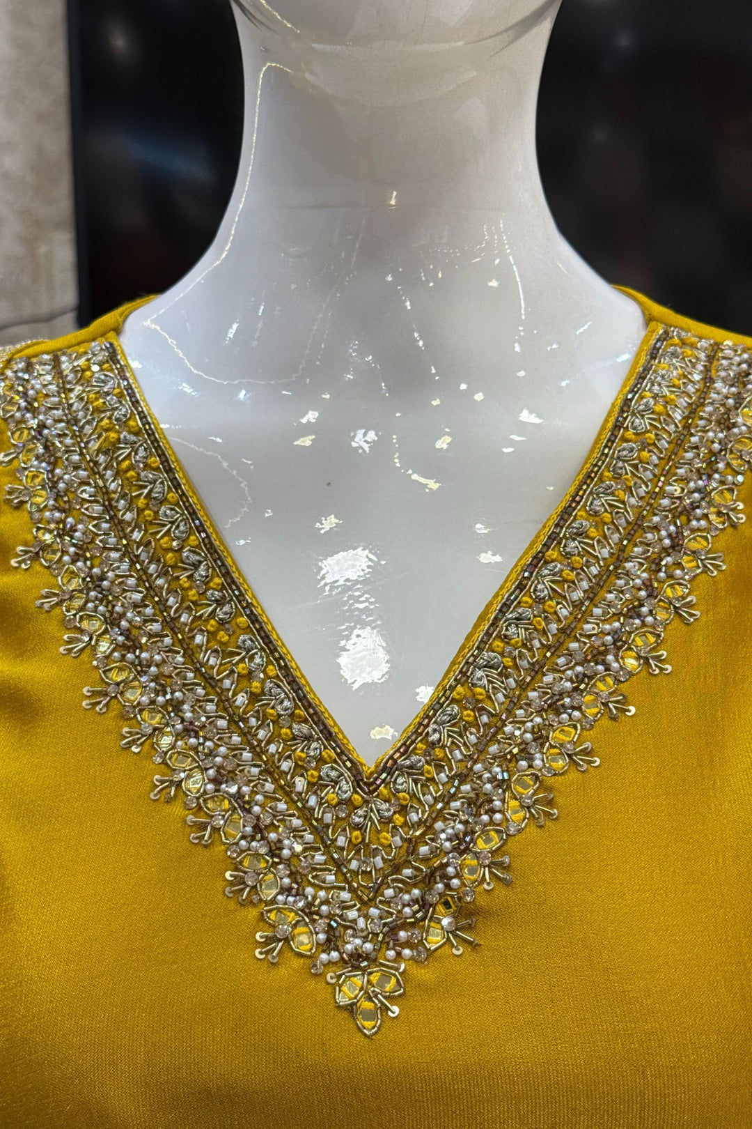 Mustard Beads, Pearl, Zardozi, Stone, Zari and Sequins work A-line Cut Salwar Suit