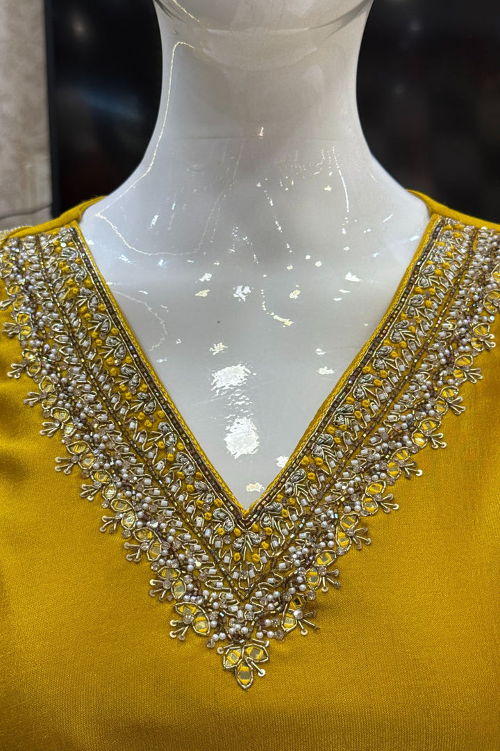 Mustard Beads, Pearl, Zardozi, Stone, Zari and Sequins work A-line Cut Salwar Suit