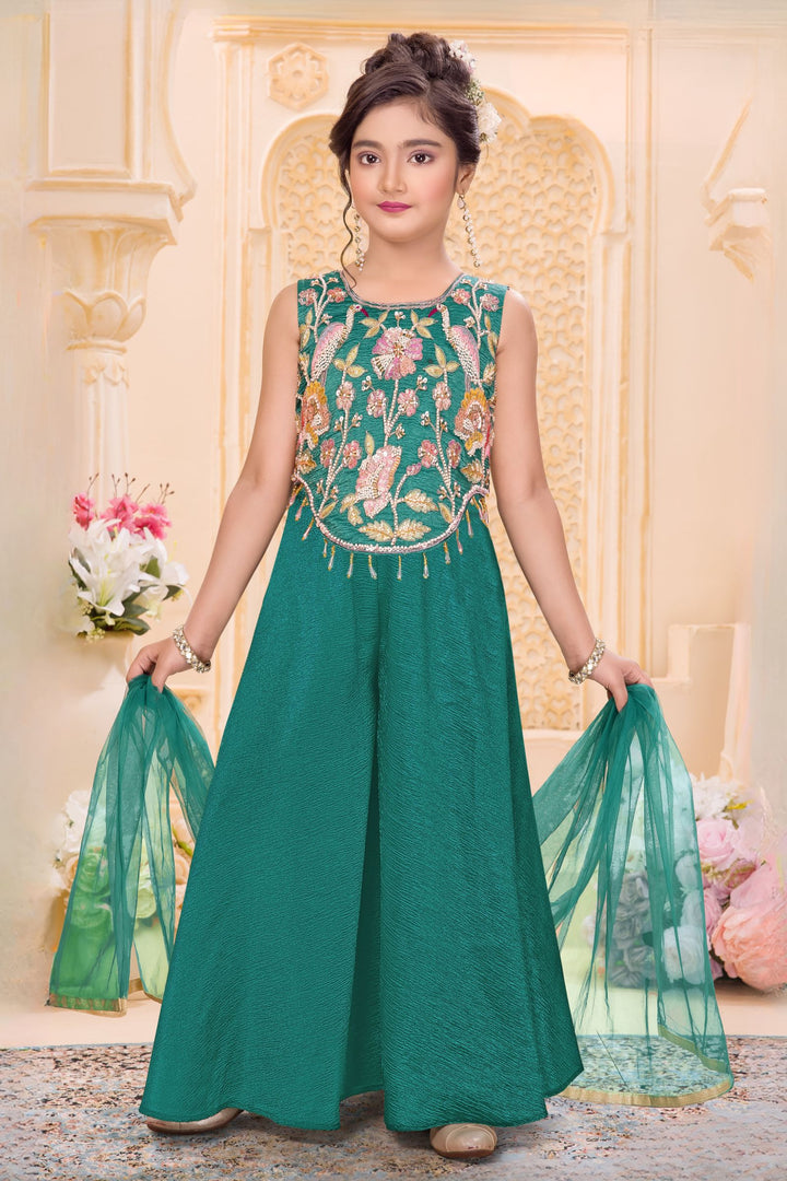 Sea Green Beads, Zari and Multicolor Thread work Palazzo Suit Set for Girls