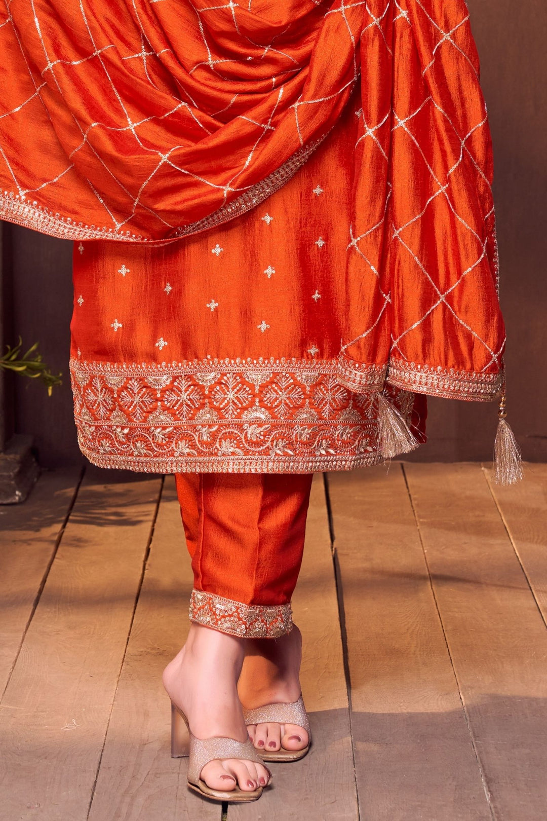 Orange Sequins, Zari and Beads work Straight Cut Salwar Suit