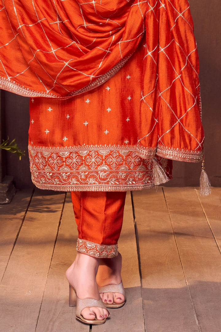 Orange Sequins, Zari and Beads work Straight Cut Salwar Suit
