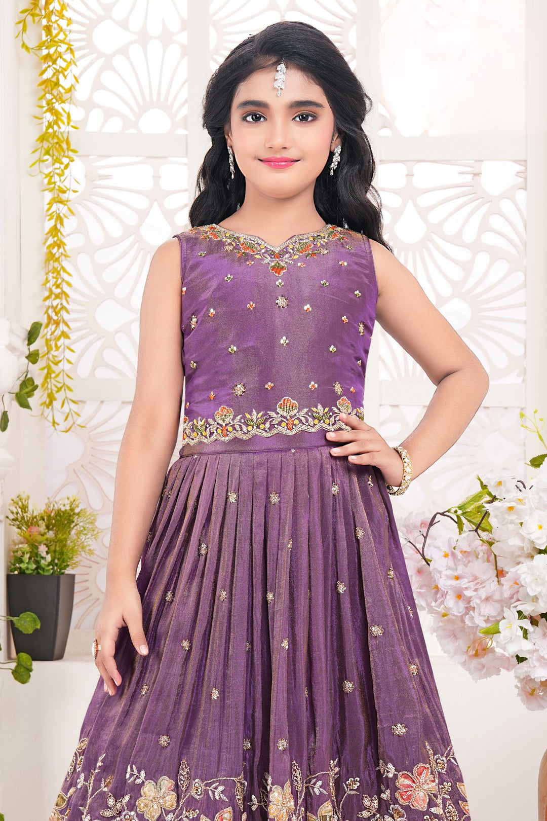 Purple Sequins, Beads and Stone work with Floral Print Lehenga Choli for Girls