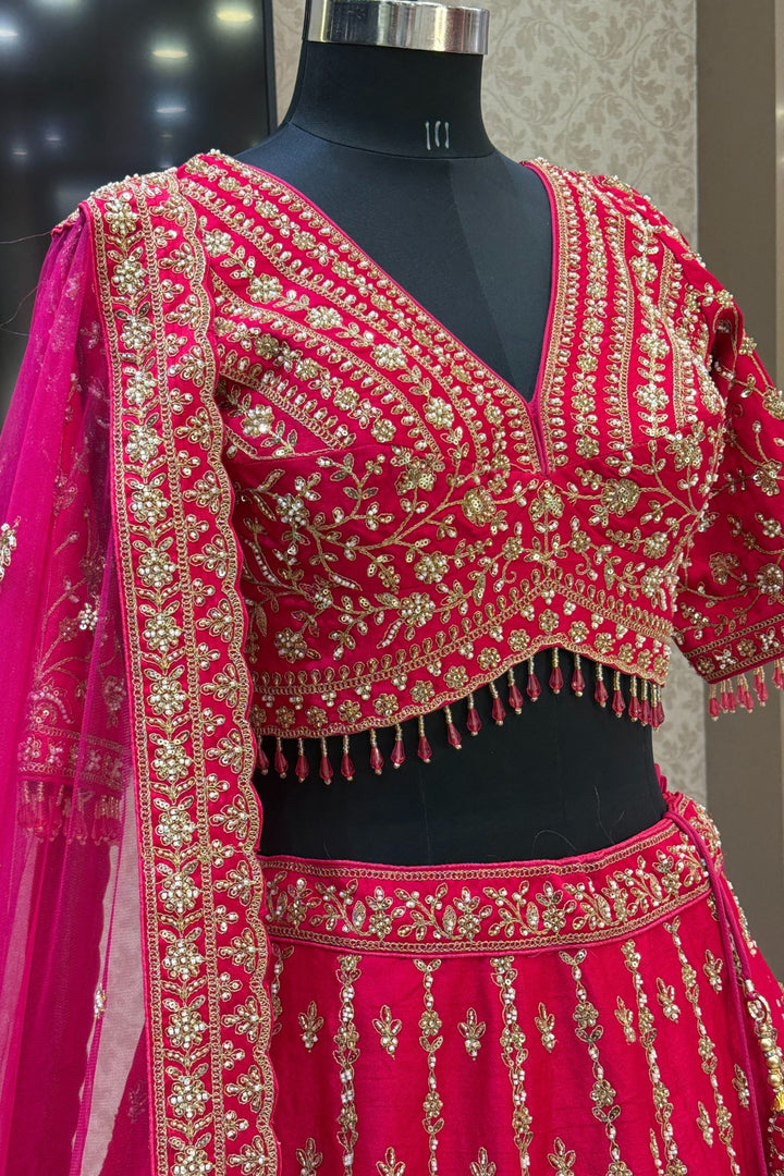 Rani Pink Beads, Zari, Zardozi and Sequins work Crop Top Designer Bridal Lehenga with Belt