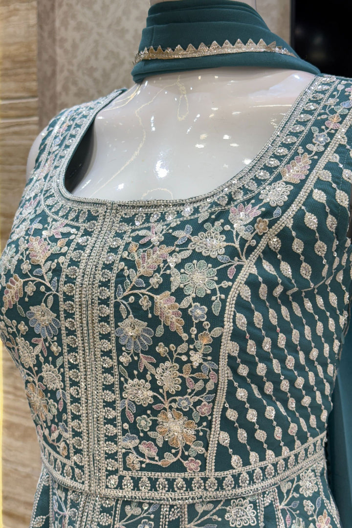 Sea Green Multicolor Embroidery and Sequins work Peplum Top with Palazzo Suit Set