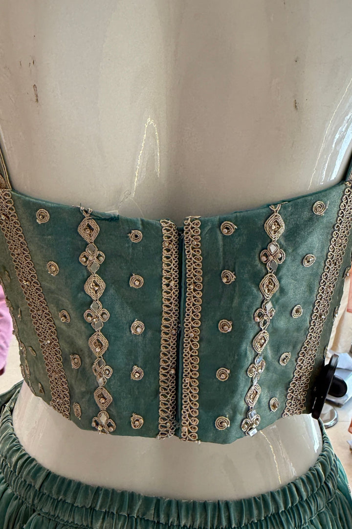 Sea Blue Zari Thread, Mirror and Stone work Palazzo Set with Corset Top