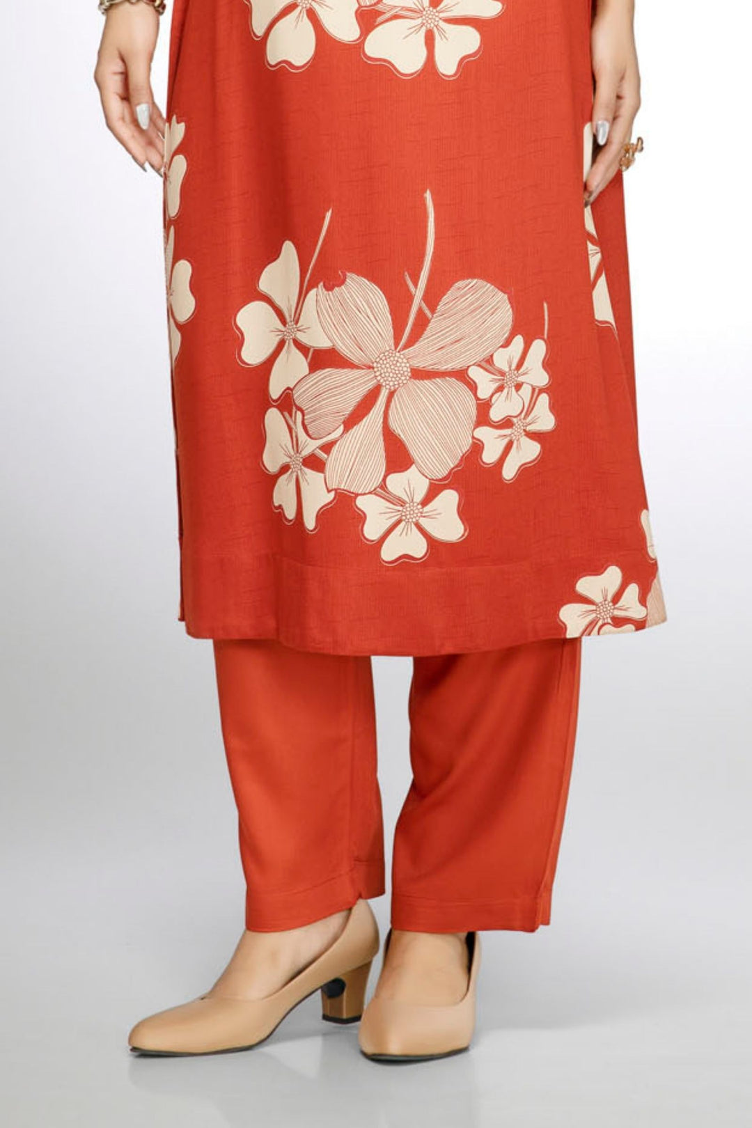 Rust Floral Print Straight Kurta Set