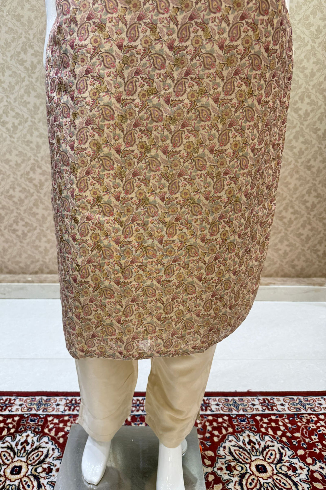 Beige Banaras, Stone and Zari Weaving work with Digital Print Straight Cut Salwar Suit