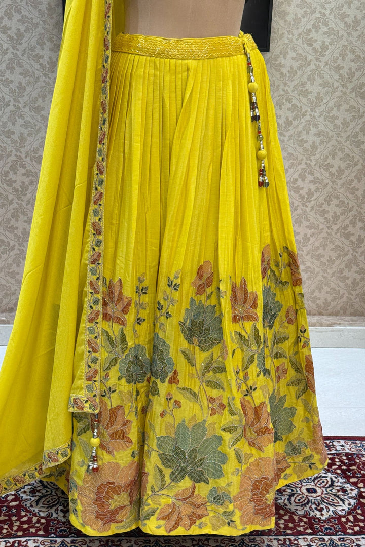 Yellow Multicolor Thread, Beads, Zari Thread and Sequins work Crop Top Lehenga