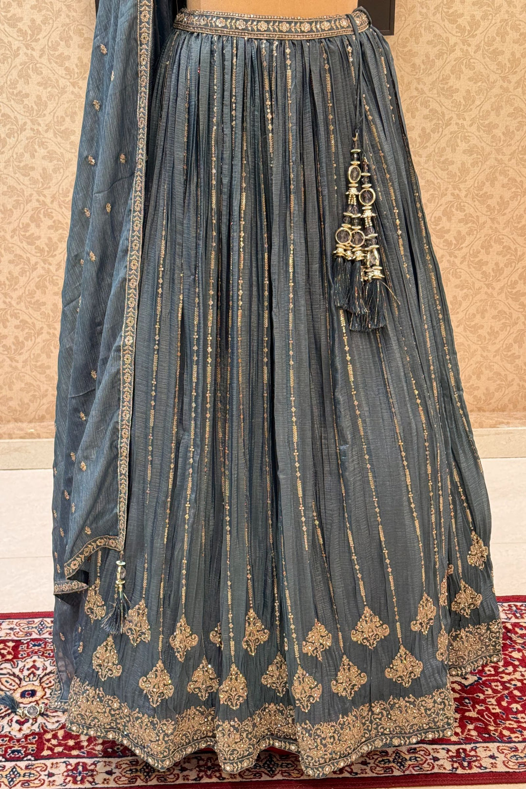 Grey Beads, Stone, Zari and Sequins work Crop Top Lehenga