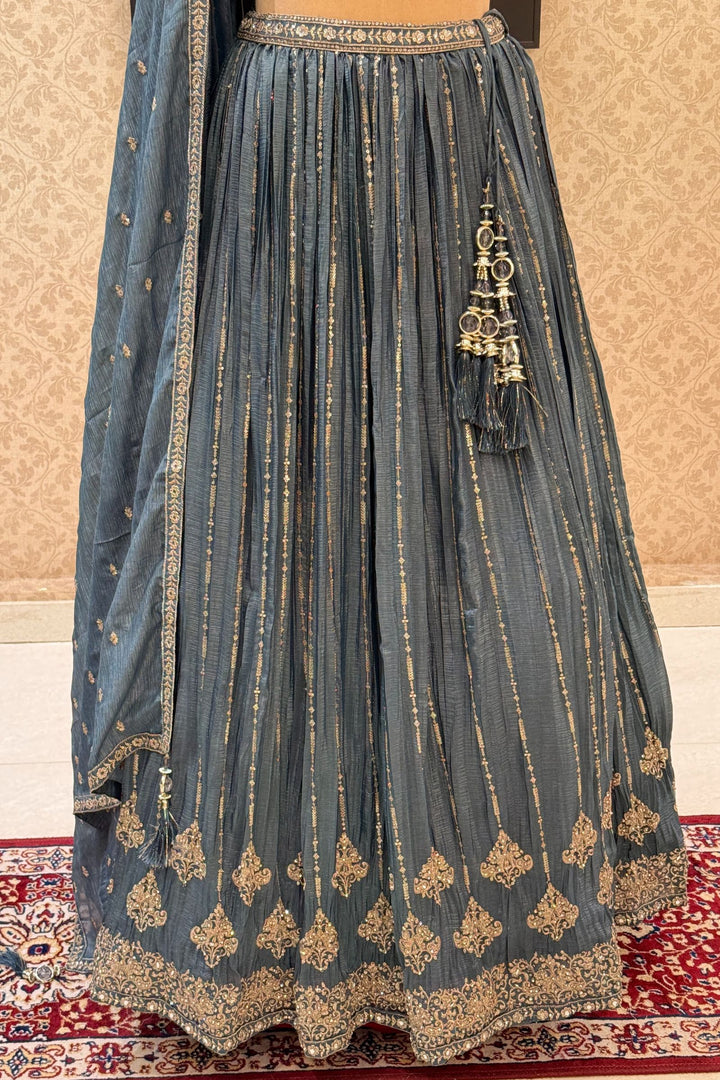Grey Beads, Stone, Zari and Sequins work Crop Top Lehenga