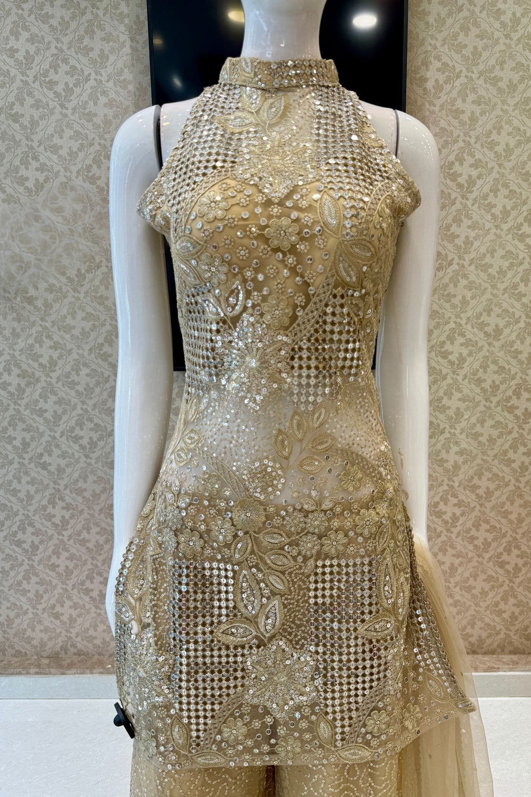Gold Halter Neck Palazzo Salwar Suit with Sequins, Zari and Embroidery Detailing
