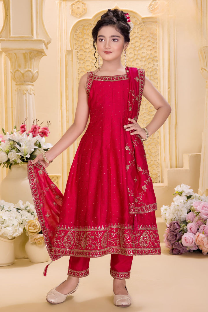 Rani Pink Stone, Zari and Sequins work Anarkali Styled Salwar Set for Girls