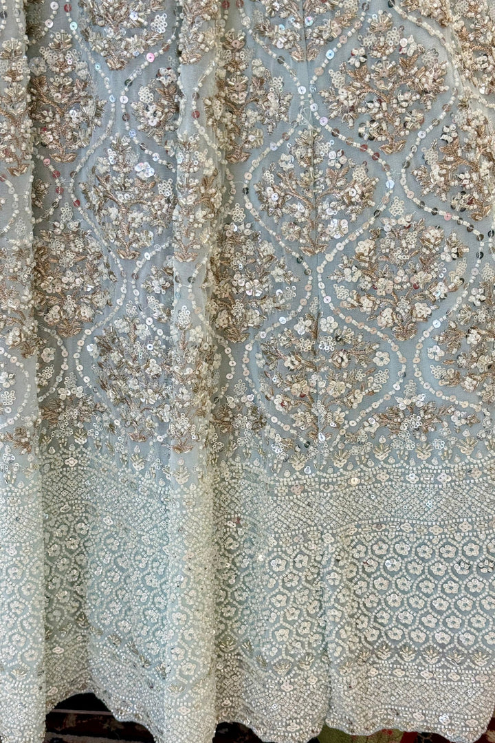 Aqua Blue Beads, Sequins and Zari work Crop Top Designer Bridal Lehenga
