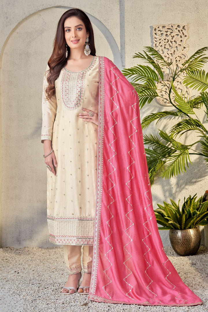 Cream Sequins, Zari and Thread work Straight Cut Salwar Suit