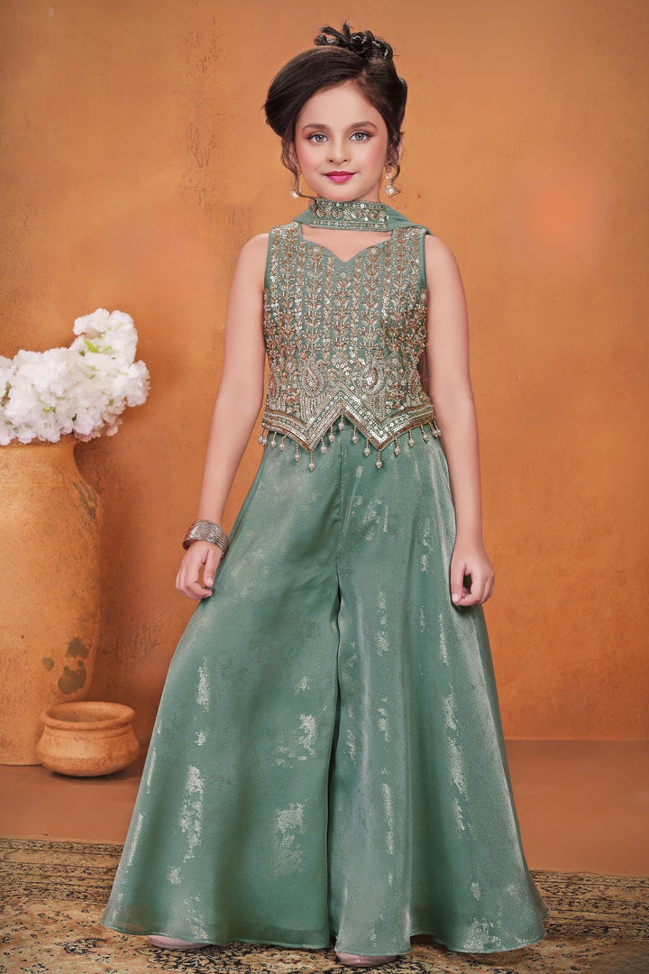 Sea Green Beads, Sequins and Zari work Palazzo Suit Set for Girls
