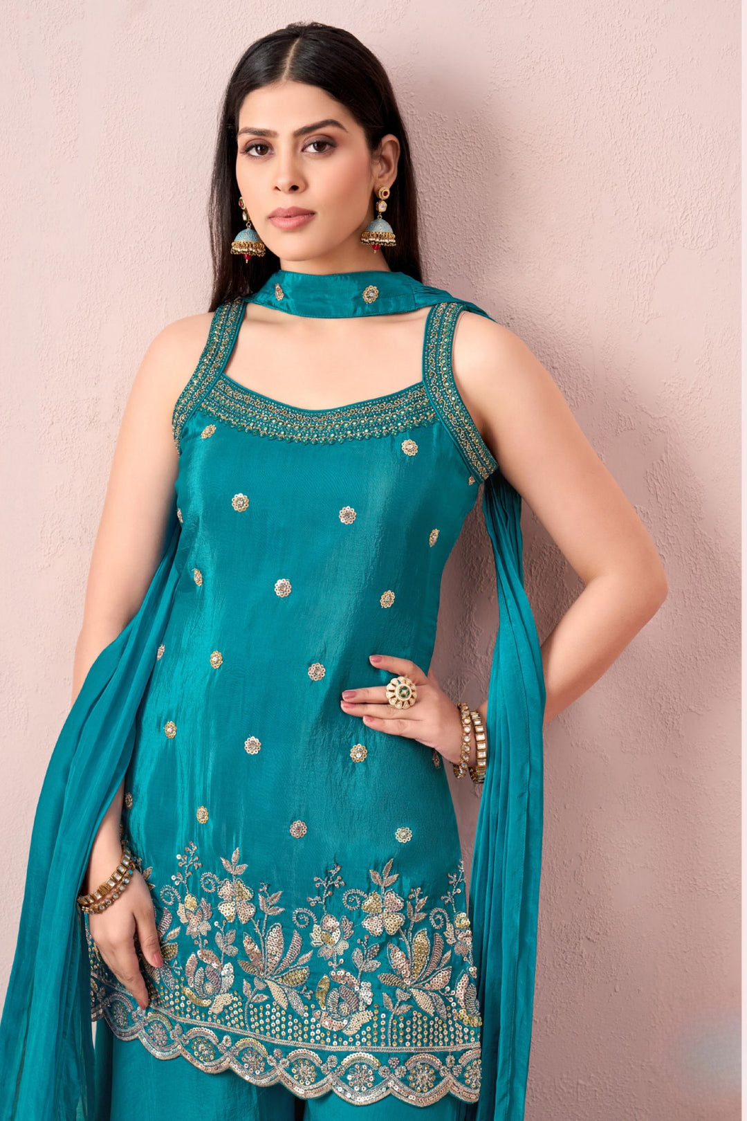 Rama Blue Sequins, Zari, Beads and Stone work Palazzo Salwar Suit