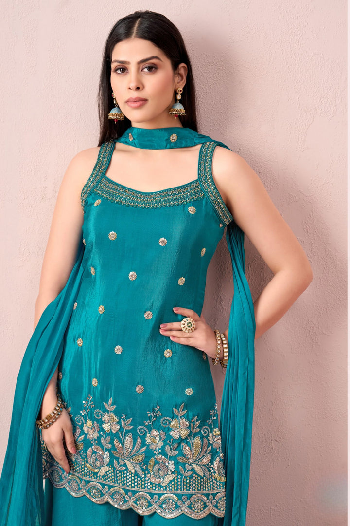 Rama Blue Sequins, Zari, Beads and Stone work Palazzo Salwar Suit