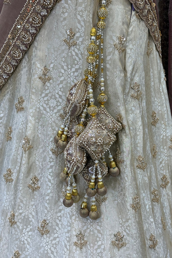Cream with Lavender Sequins, Pearl, Beads and Zardozi work Crop Top Designer Bridal Lehenga