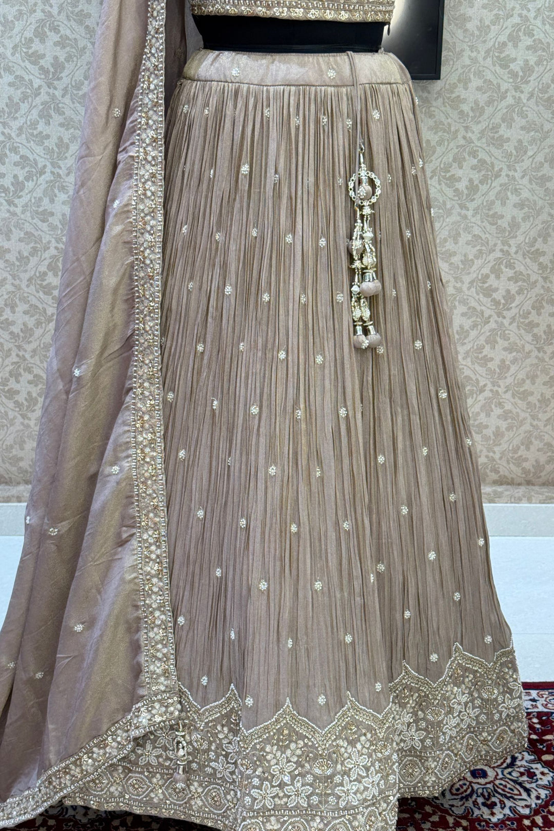 Chiku Beads, Zari and Sequins work Crop Top Lehenga