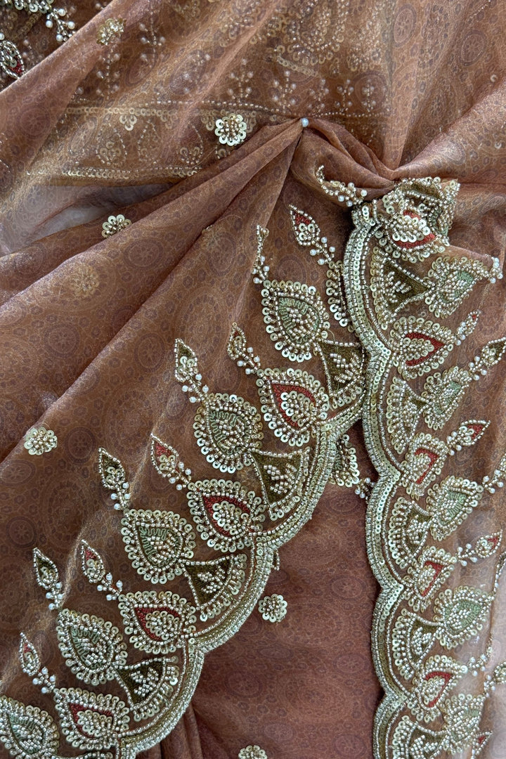 Mustard Pearls, Beads and Multicolor Thread work with Self Print Saree