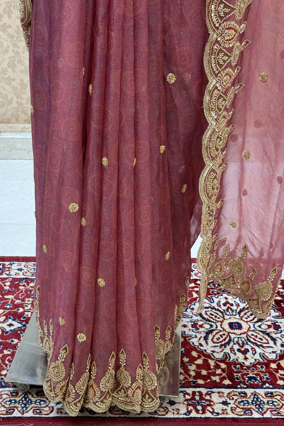 Onion Pink Pearls, Beads and Multicolor Thread work with Self Print Saree