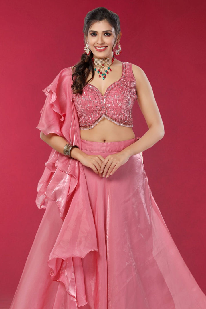 Onion Pink Sequins, Beads and Mirror work Crop Top Lehenga