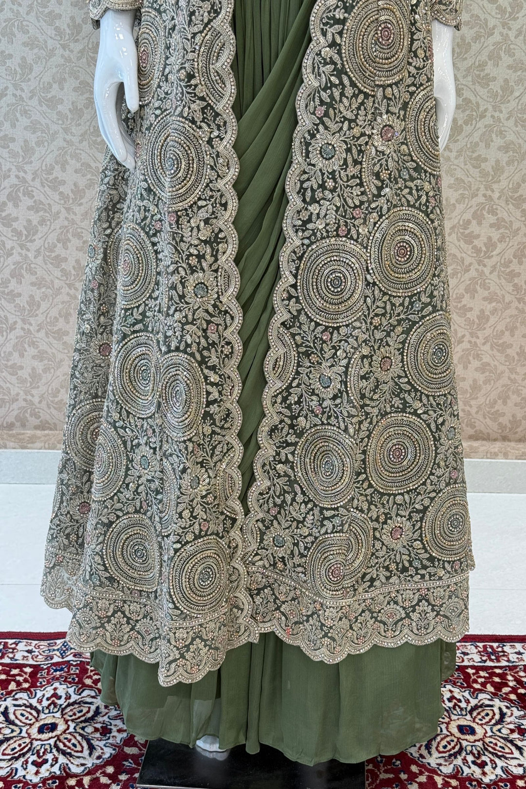 Olive Green Drape Style Lehenga with Sequins, Stone and Zari work Long Overcoat