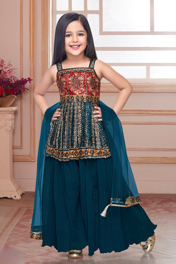 Teal Blue Sequins, Thread and Stone work Peplum Style Palazzo Suit Set for Girls