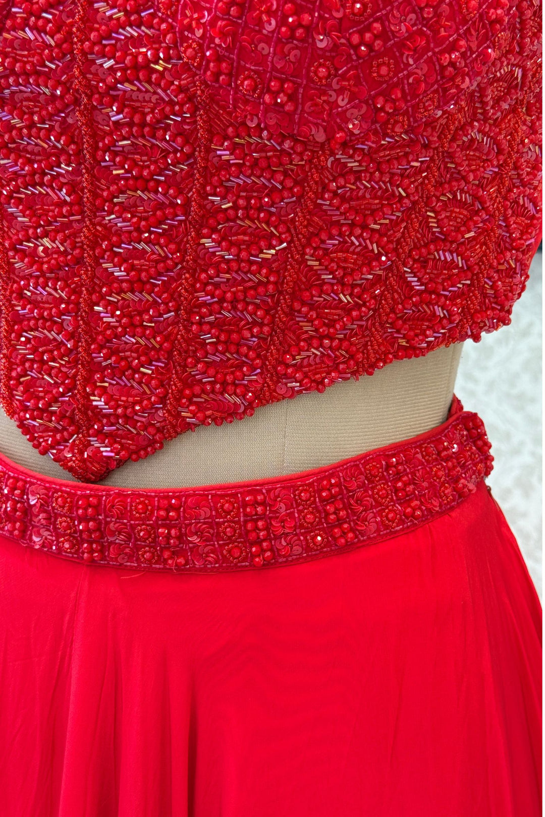 Red Beads and Sequins work Crop Top Lehenga