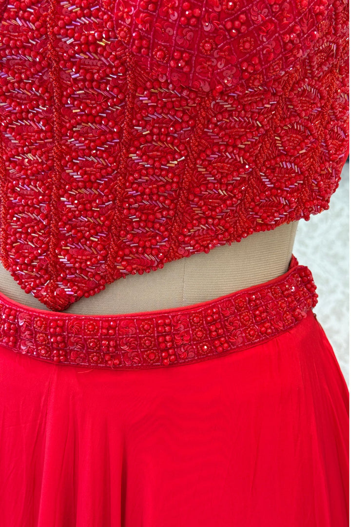 Red Beads and Sequins work Crop Top Lehenga