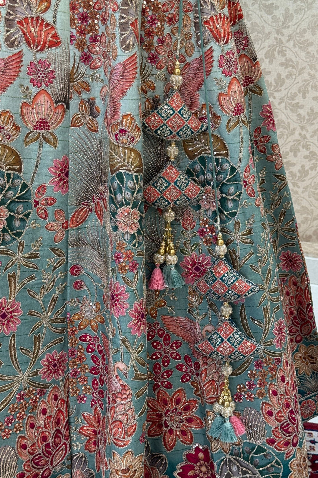 Sea Green Zardozi, Sequins, Beads, Thread and Zari work with Halter Neck Lehenga