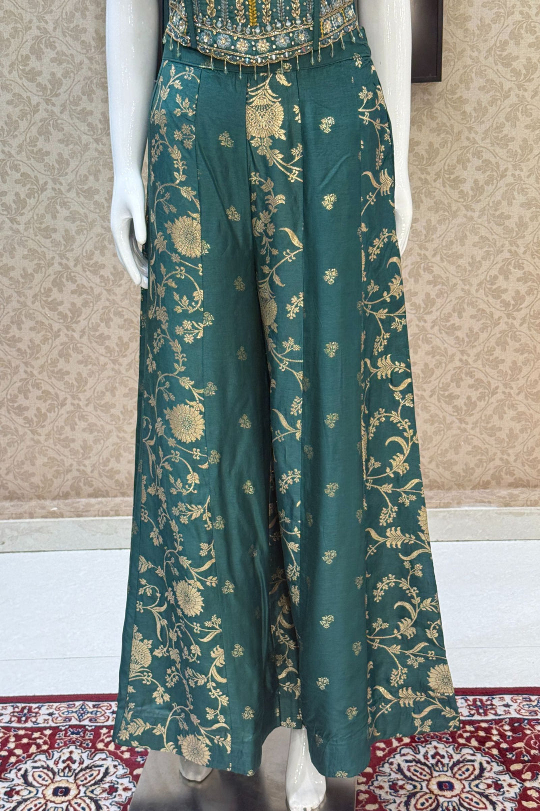 Green Zardozi, Mirror, Beads, Sequins, Thread, Zari and Stone work Palazzo Suit Set