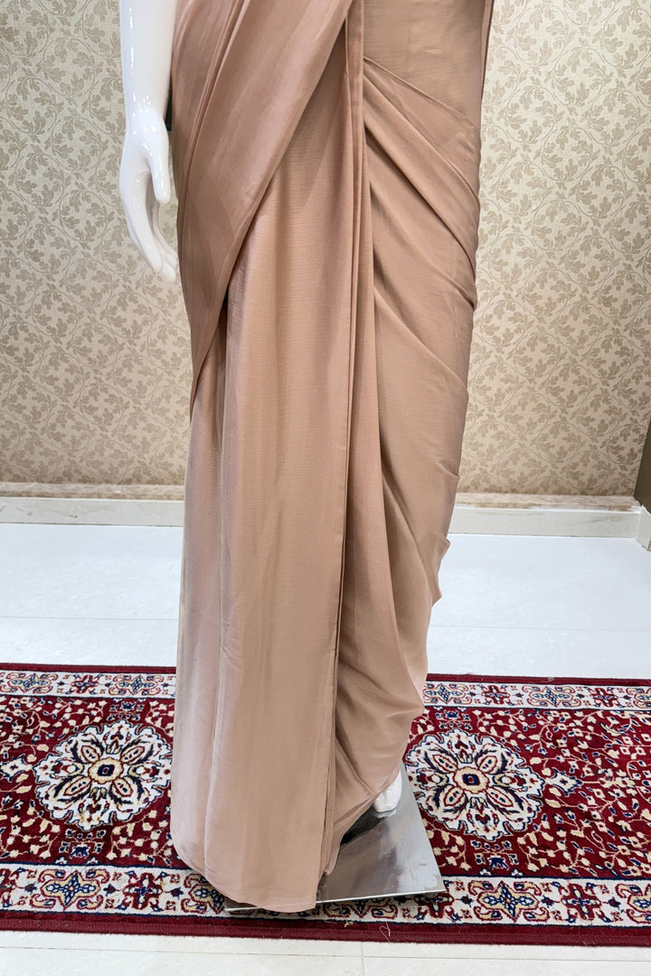 Champagne Gold Beads and Sequins work Indo-Western Styled Readymade Saree