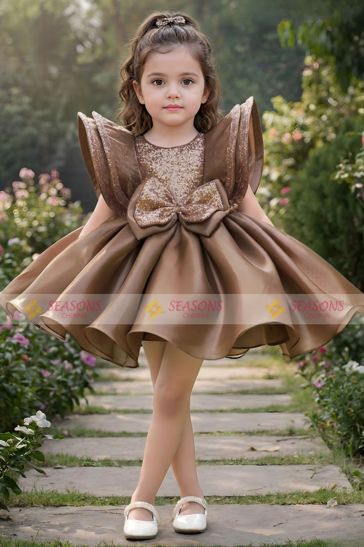 Chocolate Brown Sequins work Short Partywear Frock for Girls