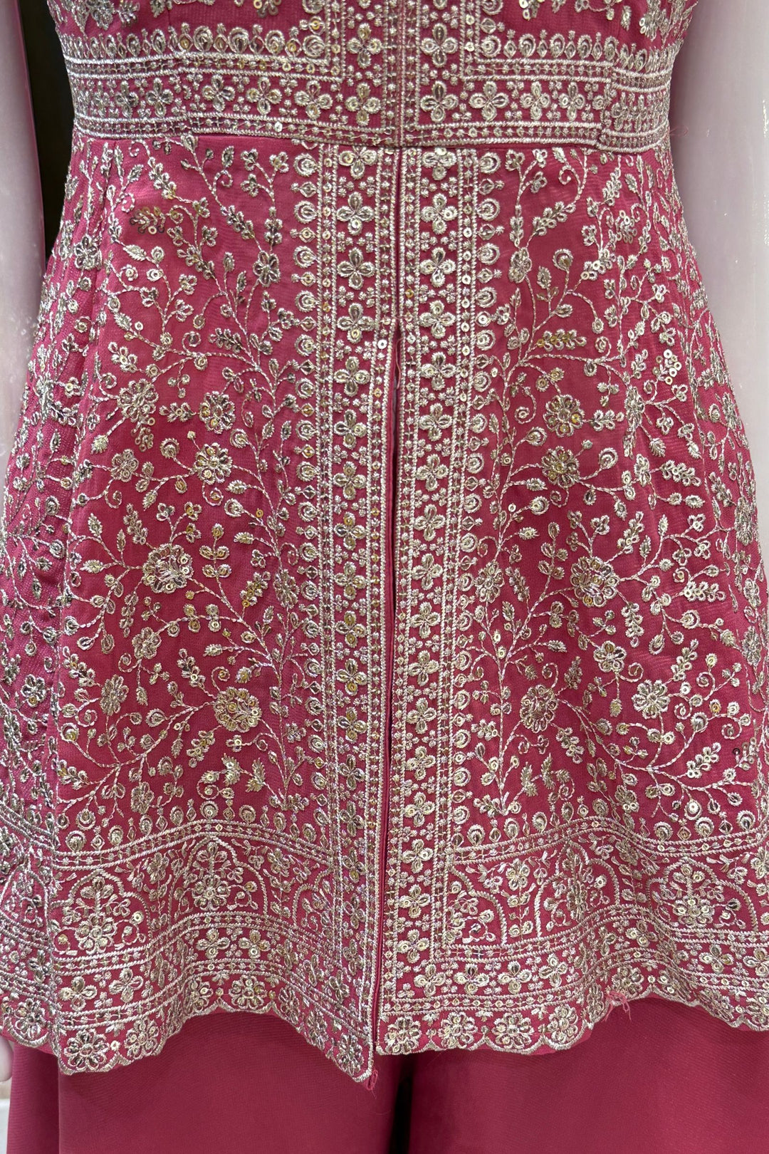 Dark Pink Silver Zari and Sequins work Peplum Top with Palazzo Suit Set