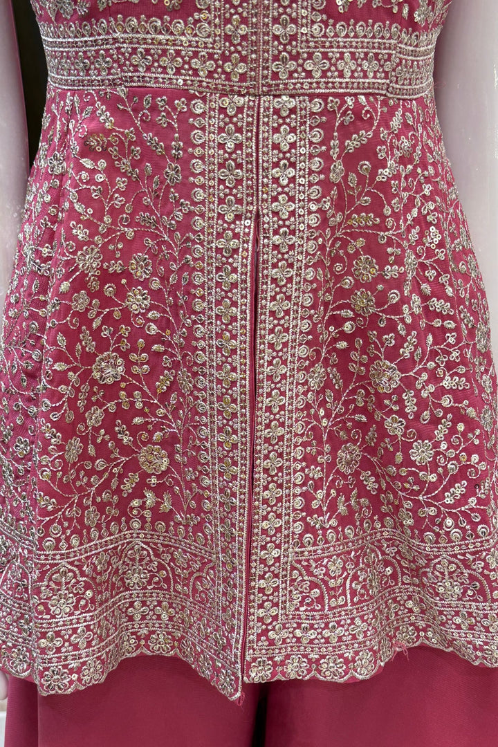 Dark Pink Silver Zari and Sequins work Peplum Top with Palazzo Suit Set