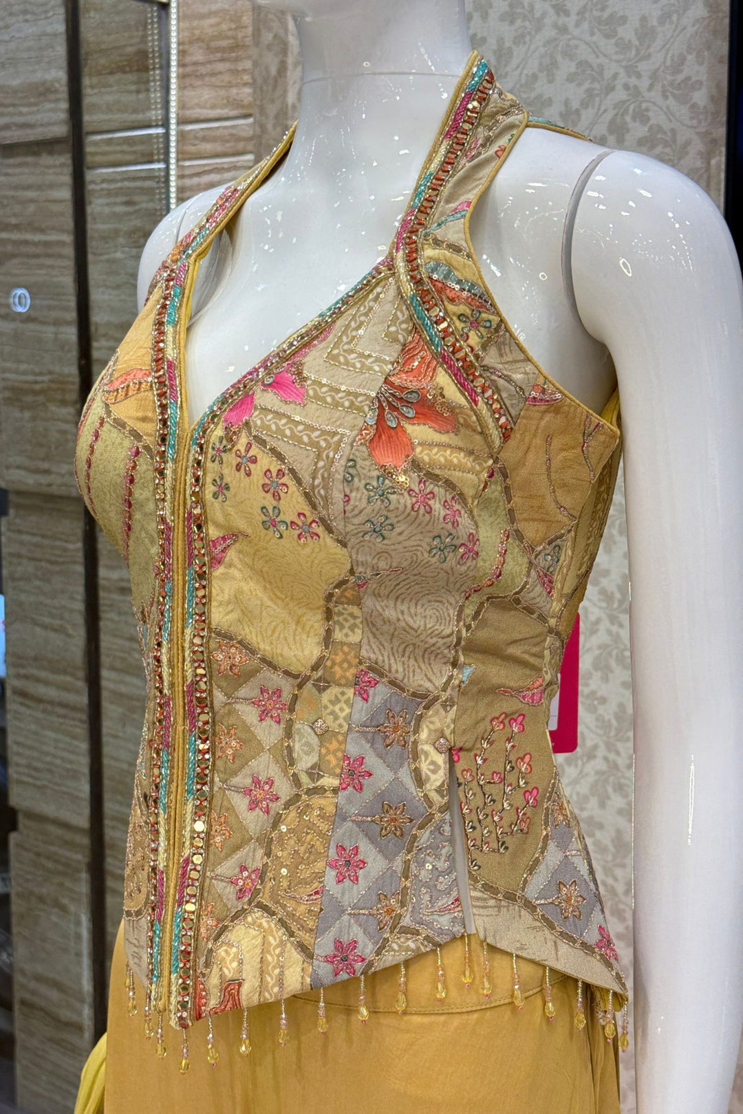 Yellow Halter Neck Palazzo Salwar Suit with Sequins, Mirror, Zari, Stone and Beads Detailing