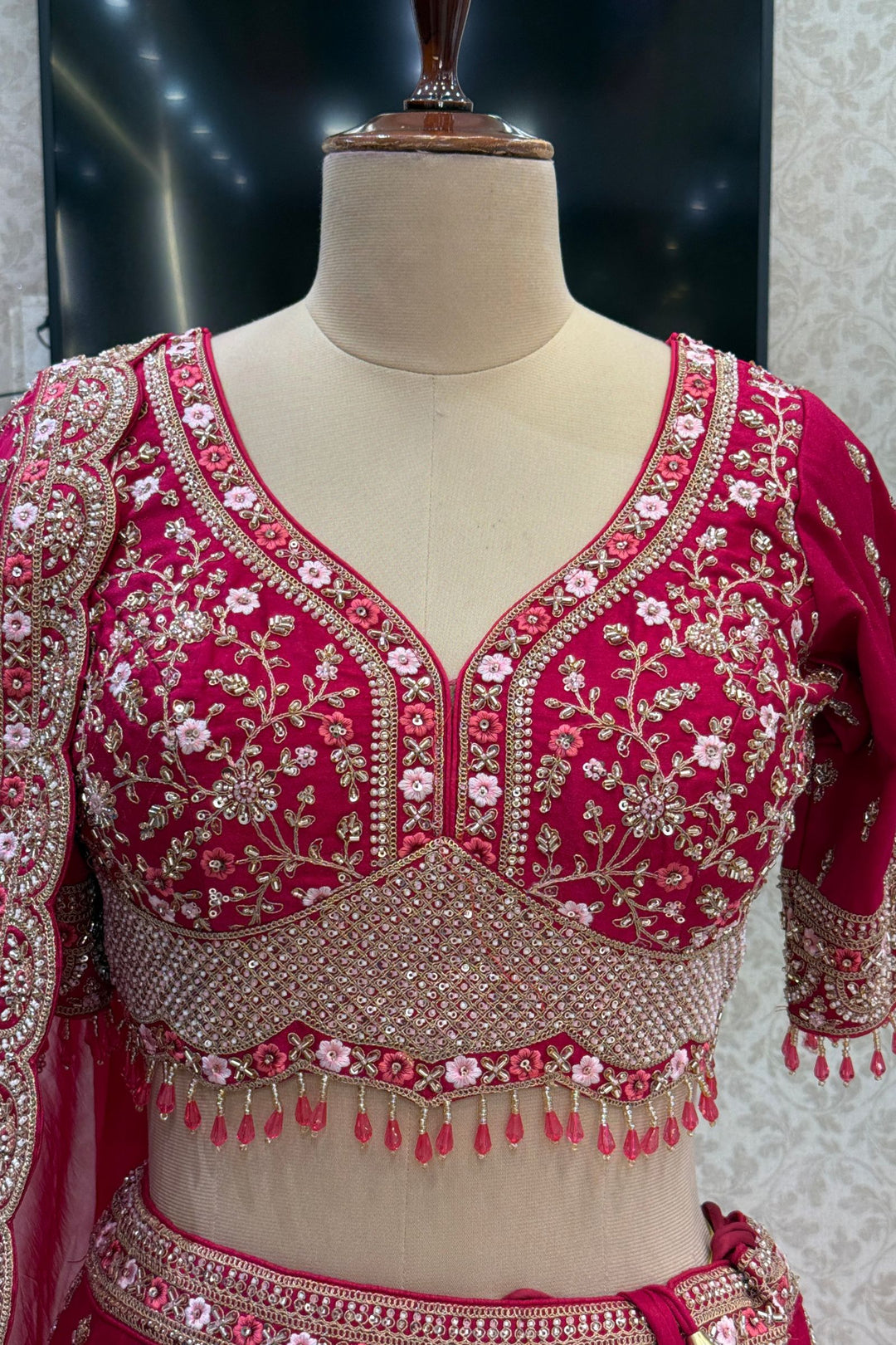 Designer Wedding Lehenga in Rani Pink with Beads, Zari and Sequins Work