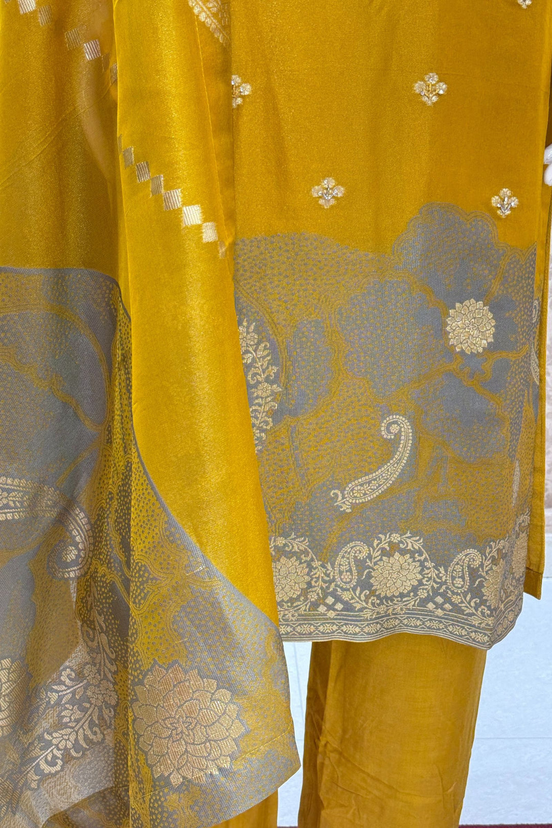 Yellow Beads, Mirror, Sequins, Jacquard and Stone work Straight Cut Salwar Suit