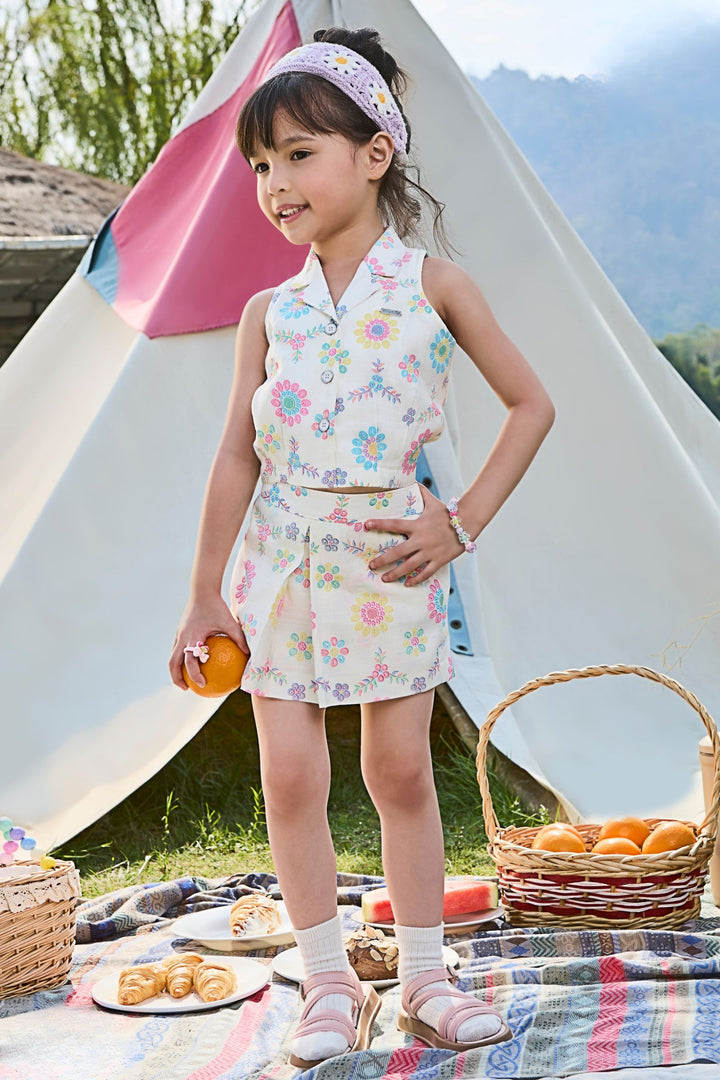 Half White Multicolor Digital Print Top and Divider Skirt for Girls