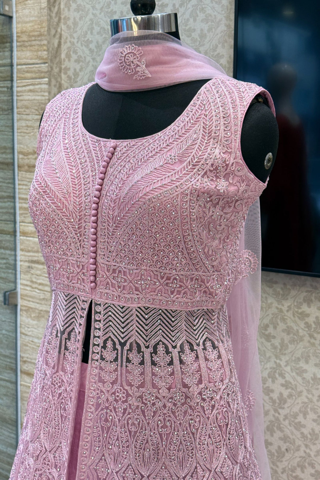 Baby Pink Zari Thread and Stone work Mastani Styled Long Top Lehenga