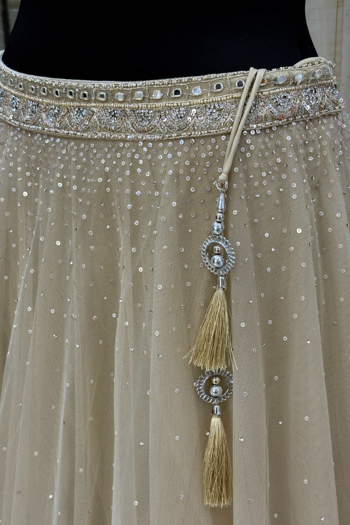 Beige Mirror, Beads, Sequins, Thread and Stone work Crop Top Lehenga