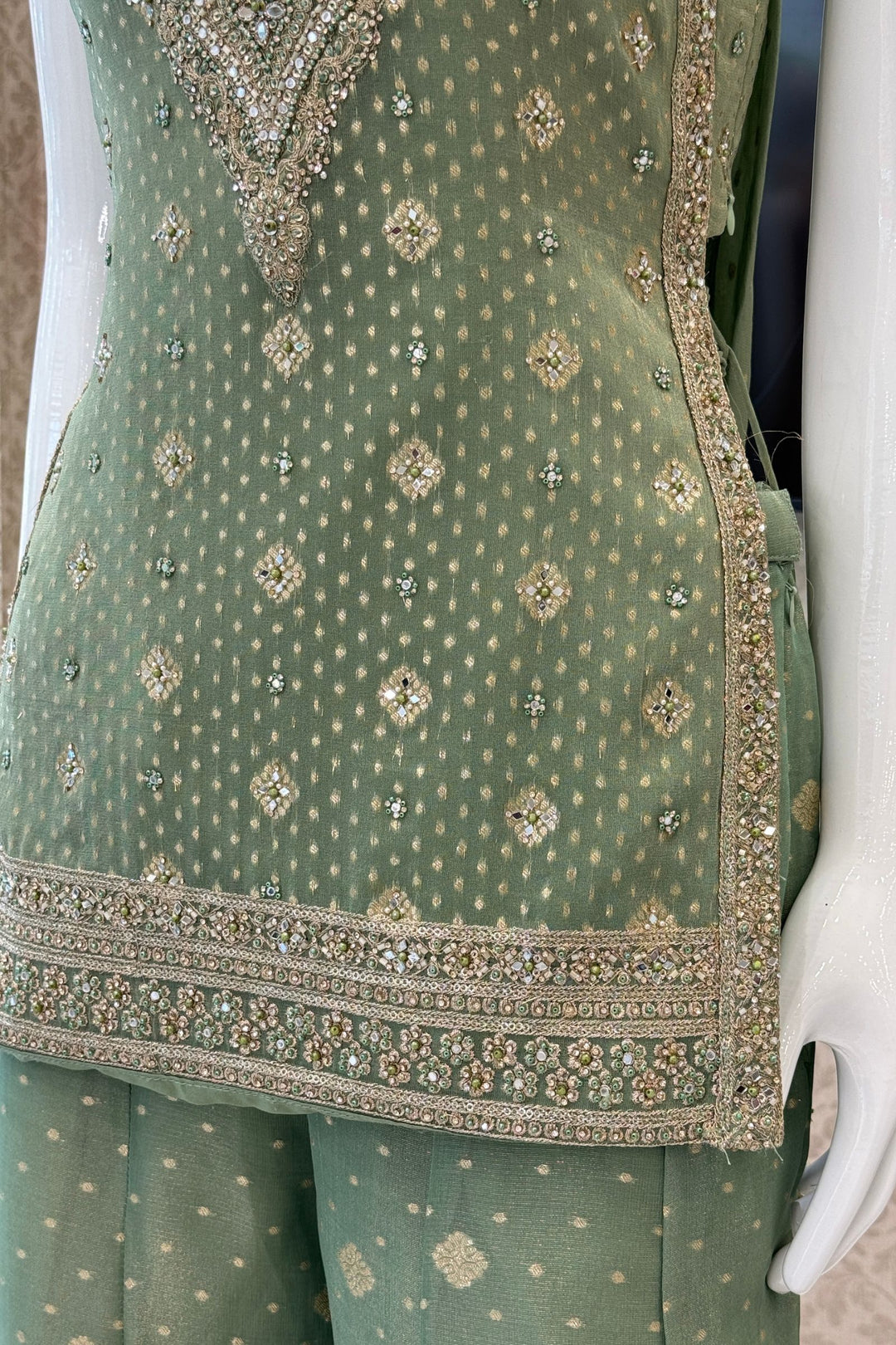 Pista Green Palazzo Salwar Suit with Banaras, Mirror, Zardozi, Zari and Embroidery Detailing