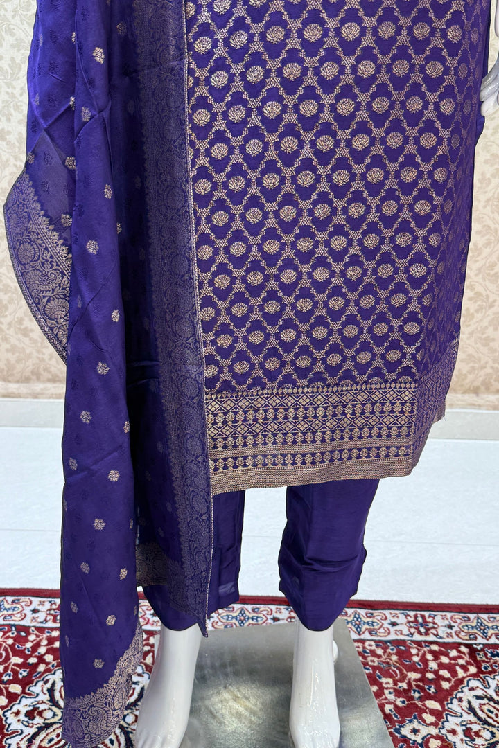 Purple Banaras work V-Neck Straight Cut Salwar Suit
